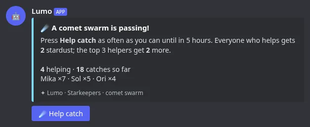 A comet swarm message with the Help catch button and top helpers