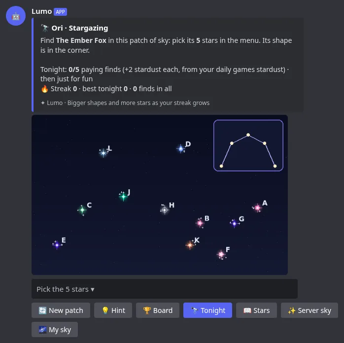A Stargazing puzzle: find the constellation among the lettered stars