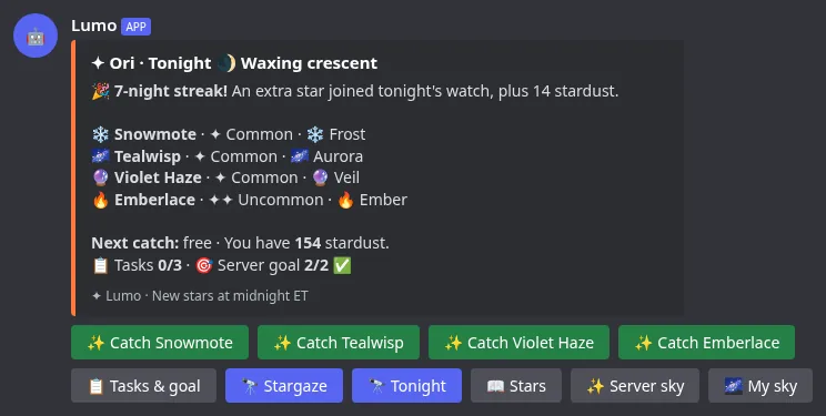 The Tonight tab of /sky watch with tonight's stars, the streak, tasks and the server goal