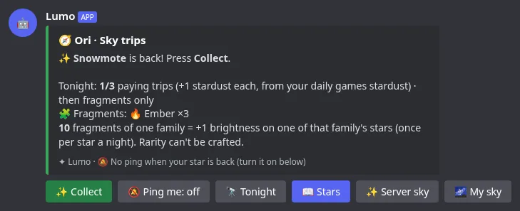 The Sky trips screen with a star on its way back and collected fragments