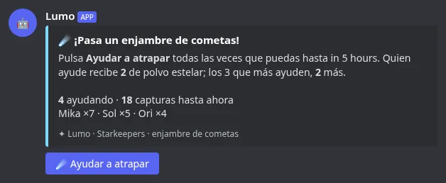 Un mensaje de enjambre de cometas con el botón Ayudar a atrapar y los que más ayudan