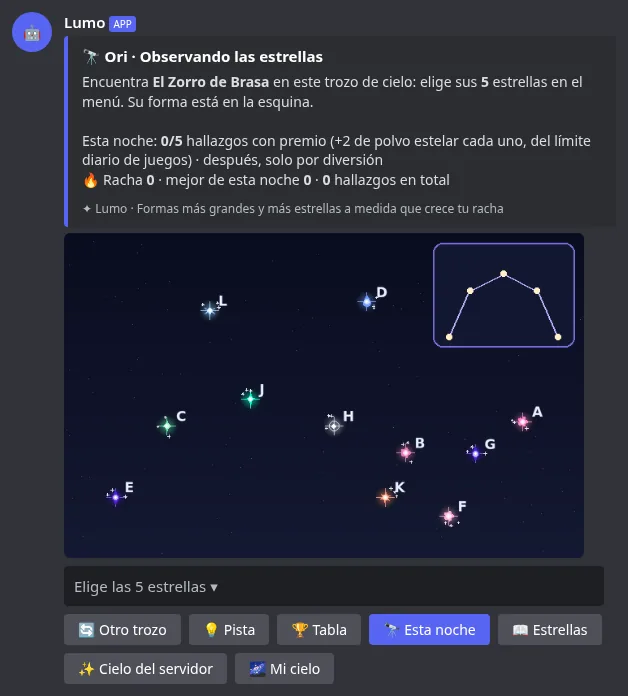 Un acertijo de Observar las estrellas: encuentra la constelación entre las estrellas con letras