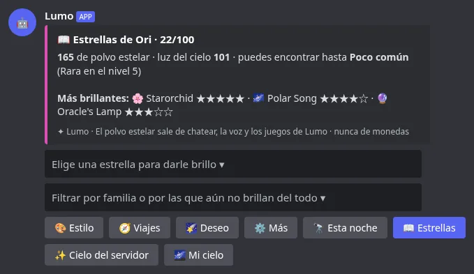 La pestaña Estrellas con polvo estelar, luz y tus estrellas más brillantes