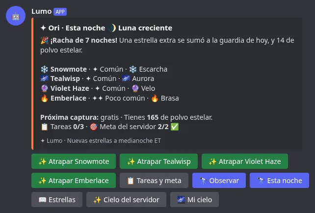 La pestaña Esta noche de /sky watch con las estrellas de hoy, la racha, las tareas y la meta del servidor