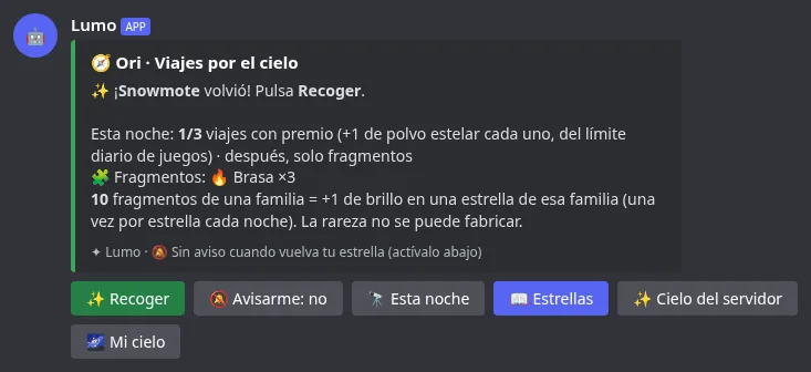 La pantalla de Viajes con una estrella de regreso y fragmentos recogidos