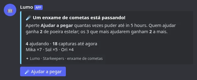 Uma mensagem de enxame de cometas com o botão Ajudar a pegar e os maiores ajudantes