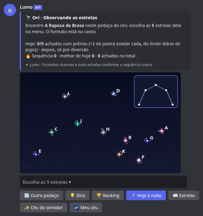 Um desafio de Observar estrelas: encontre a constelação entre as estrelas com letras