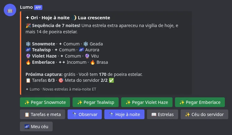 A aba Hoje à noite do /sky watch com as estrelas da noite, a sequência, as tarefas e a meta do servidor