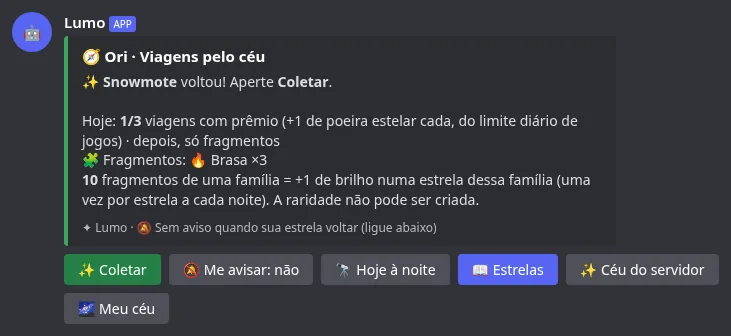 A tela de Viagens com uma estrela voltando e fragmentos recolhidos