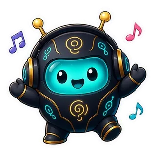 Lumo the robot wearing headphones, with music notes