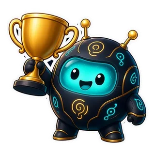Lumo the robot holding a gold trophy